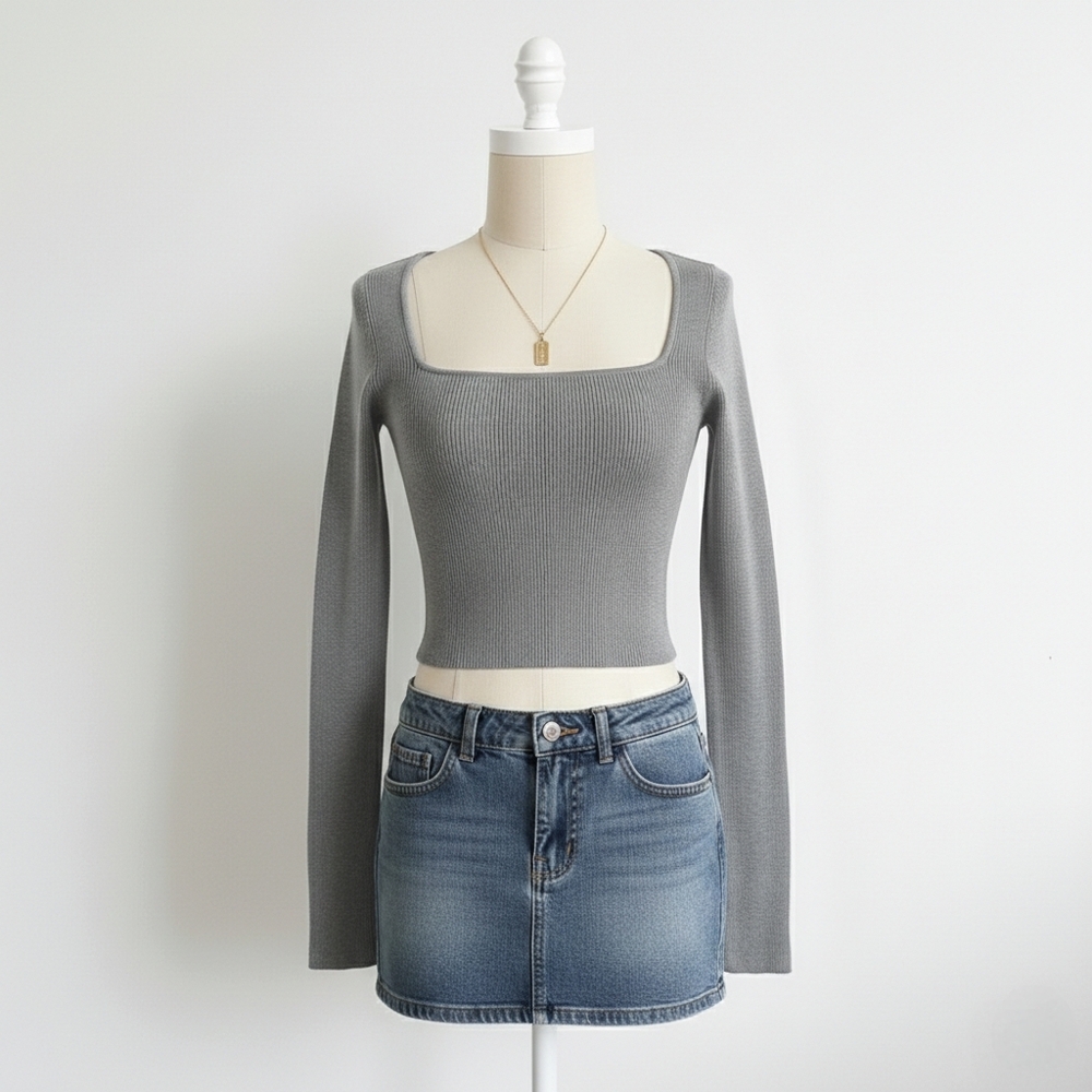H&M Gray Square Neck Women's Ribbed Cropped Top